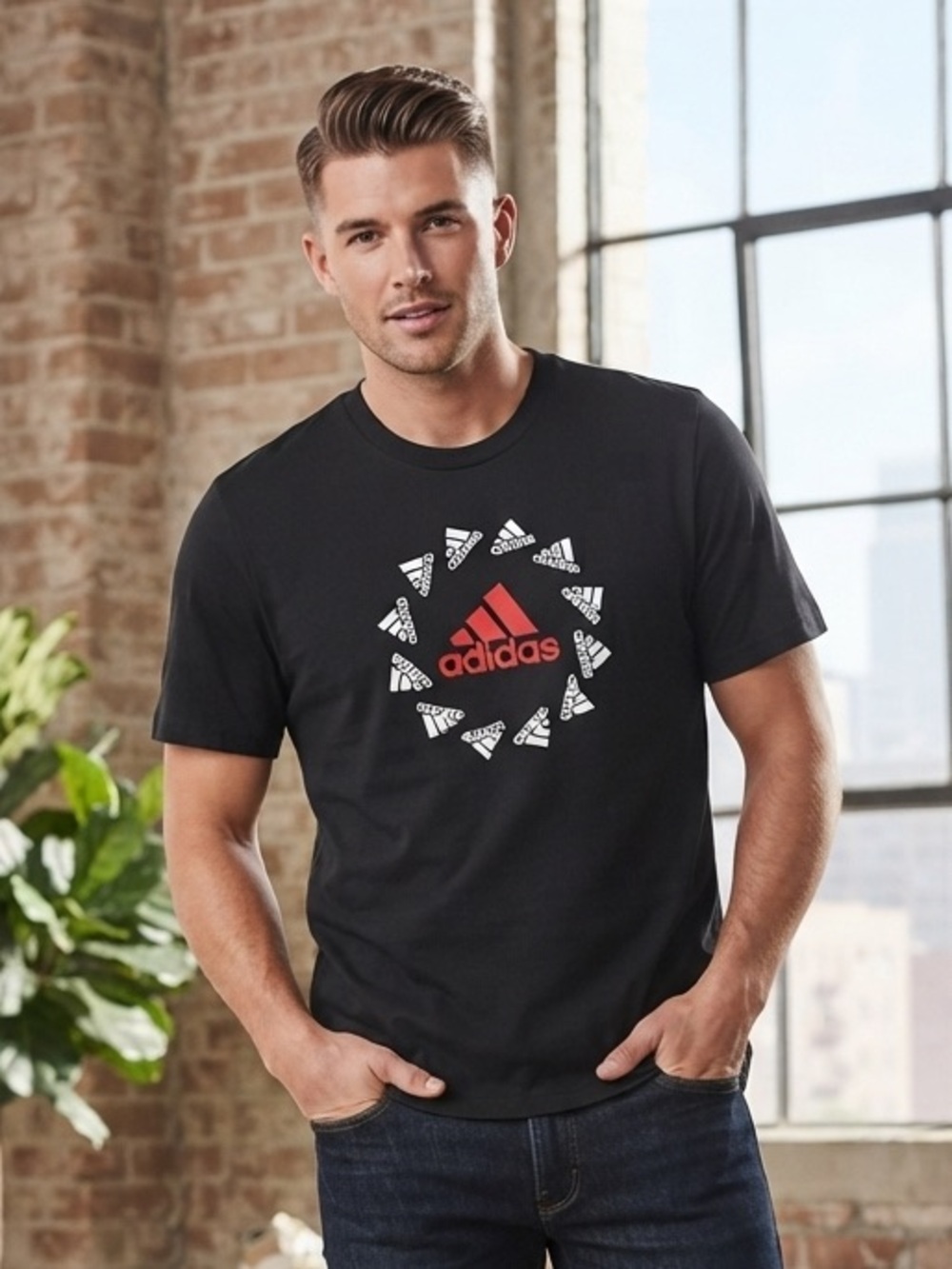 adidas Men’s Black T‑Shirt with Red Logo